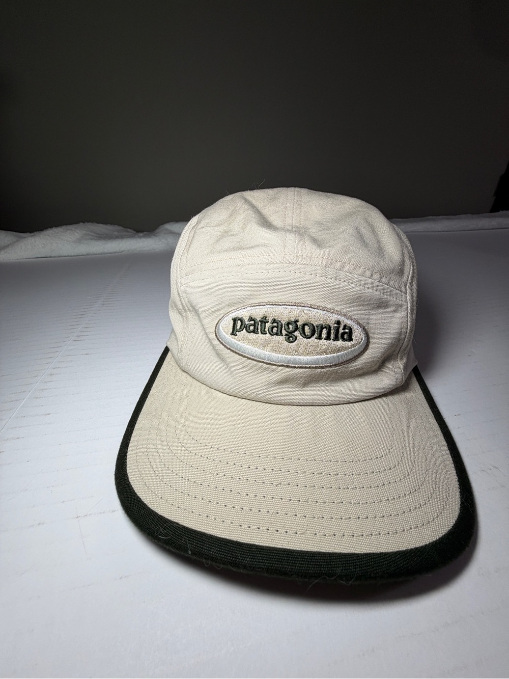 Patagonia Organic Cotton 5 Panel Camp Hat Beige Green Oval Logo Strapback
